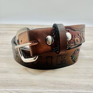 Western Leather Belt Equestrian Floral Embossed Cowgirl Hand Tooled Hand Painted
